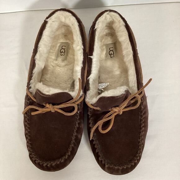 UGG Suede Leather Sheepskin Sherpa Lined Moccasin Slippers Women 10 Brown Warm - Picture 6 of 6